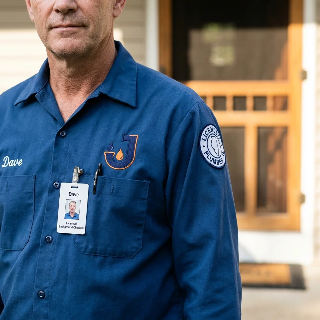 Licensed plumber showing ID badge in Peru, NY