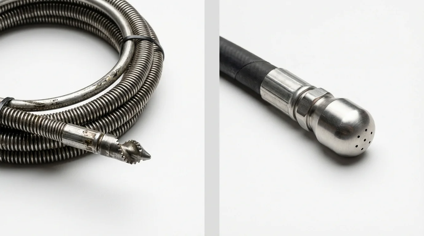 Drain snake cable and hydro jetting nozzle used for drain cleaning in Peru, NY
