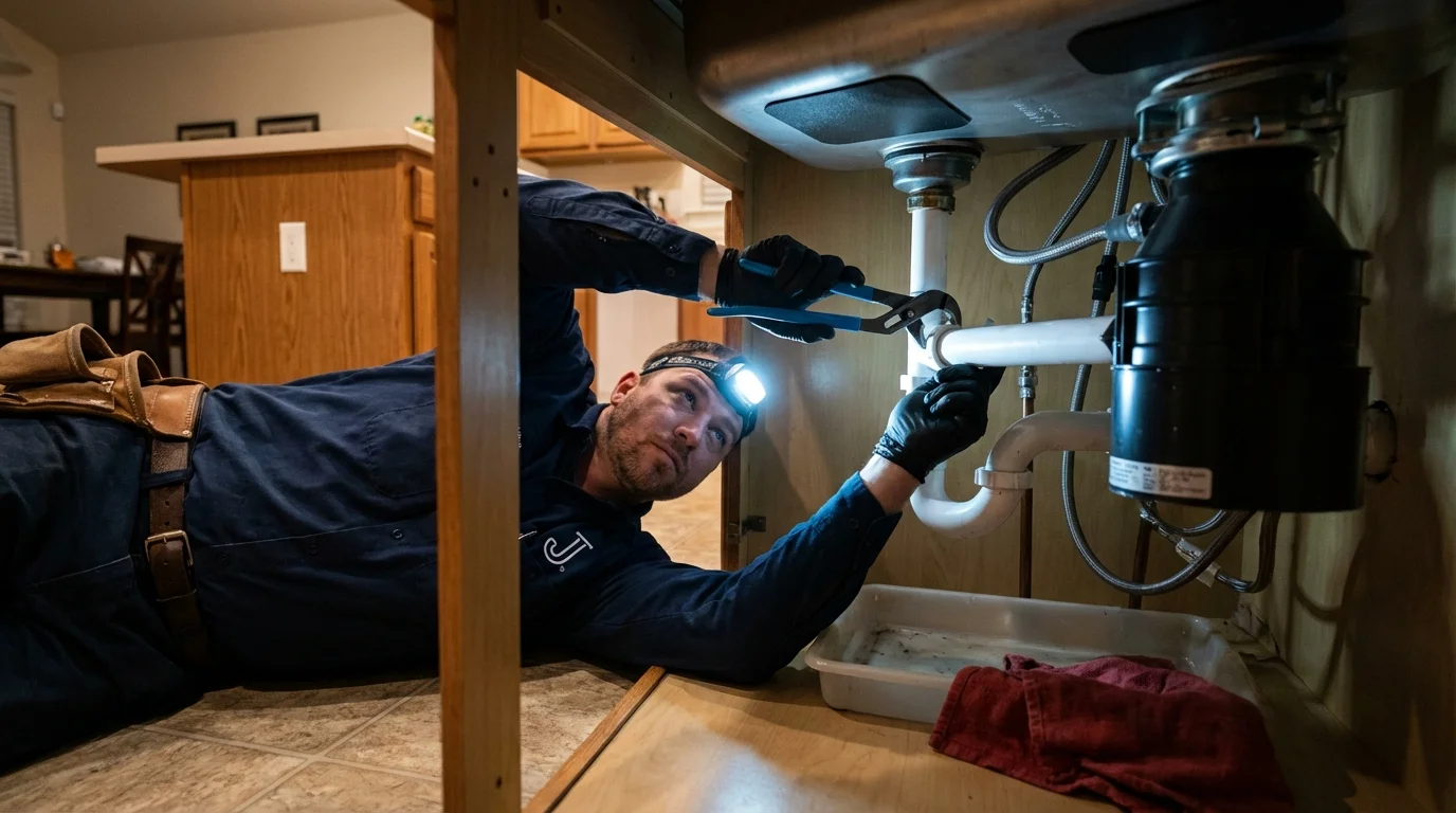 P-trap and supply line connections under a kitchen sink showing a common leak point in Peru, NY